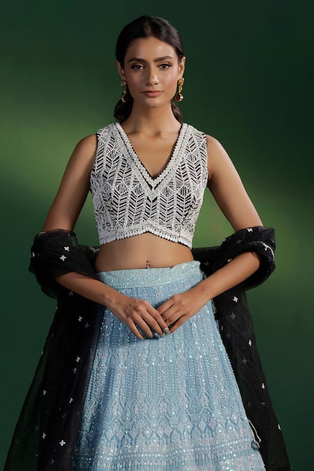 Buy_Two Sisters By Gyans_Blue Georgette, Net Sequins, Embroidery V-neck Lehenga Set _Online_at_Aza_Fashions