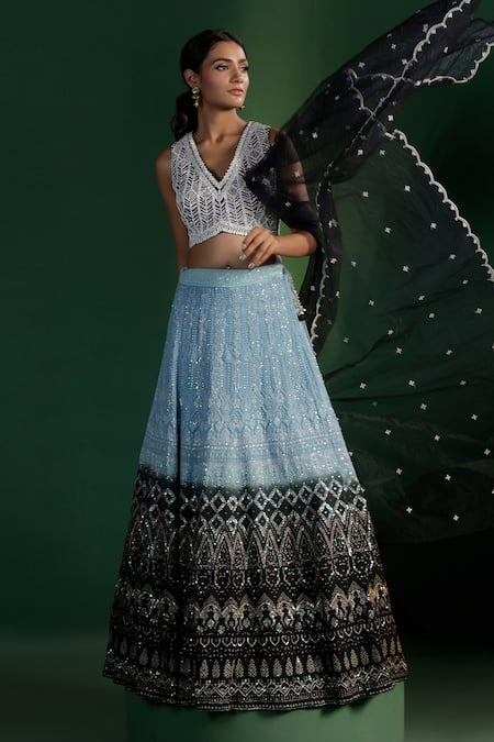 Two Sisters By Gyans Blue Georgette, Net Sequins, Embroidery V-neck Lehenga Set at Aza Fashions Two Sisters By Gyans_Blue Georgette, Net Sequins, Embroidery V-neck Lehenga Set _at_Aza_Fashions