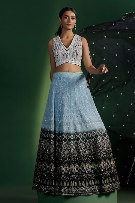 Buy Two Sisters By Gyans Blue Georgette, Net Sequins, Embroidery V-neck Lehenga Set Buy_Two Sisters By Gyans_Blue Georgette, Net Sequins, Embroidery V-neck Lehenga Set