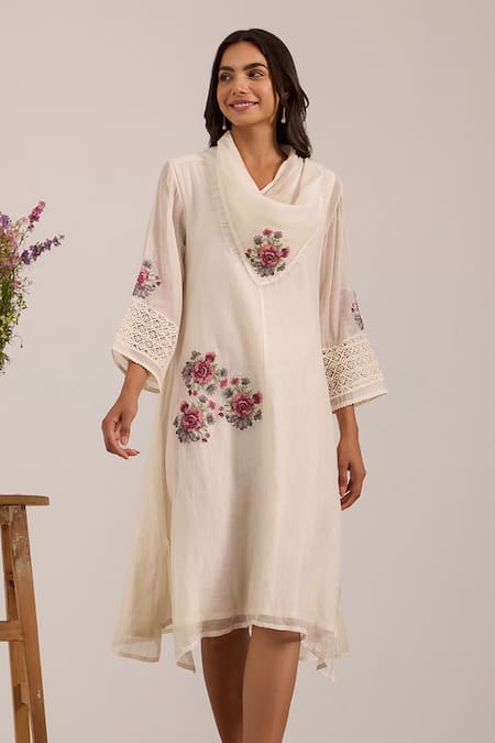 OMI_Off White Chanderi, Cotton Embroidery Shawl Neck A-line Dress _Online_at_Aza_Fashions