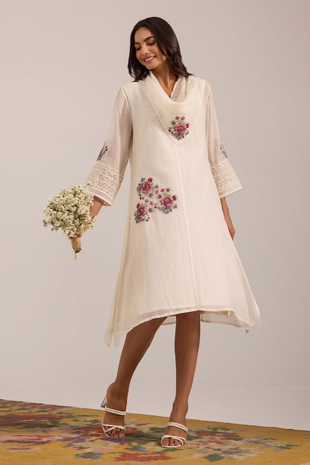 Buy_OMI_Off White Chanderi, Cotton Embroidery Shawl Neck A-line Dress _Online_at_Aza_Fashions