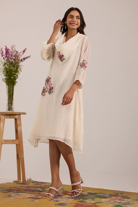 Shop_OMI_Off White Chanderi, Cotton Embroidery Shawl Neck A-line Dress _Online_at_Aza_Fashions