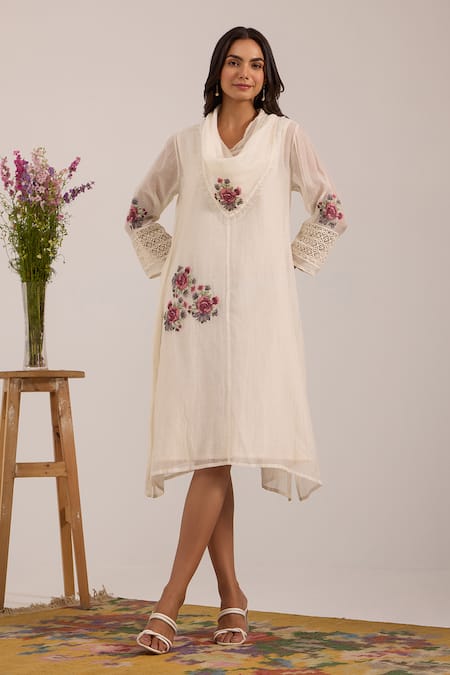OMI_Off White Chanderi, Cotton Embroidery Shawl Neck A-line Dress _at_Aza_Fashions