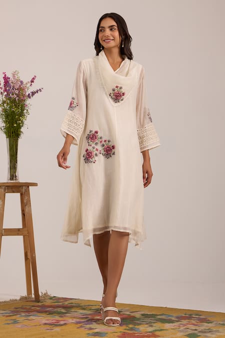 OMI Off White Chanderi, Cotton Embroidery Shawl Neck A-line Dress 