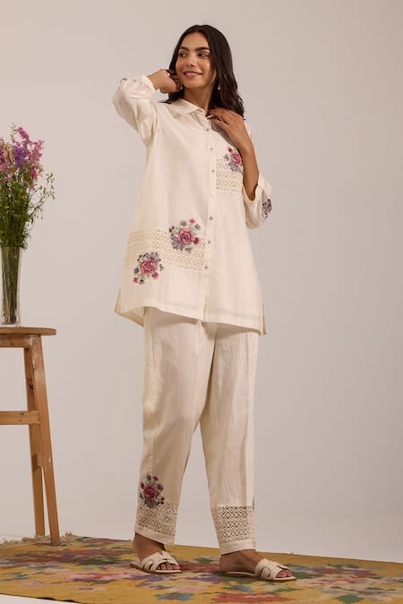 Buy_OMI_Off White Chanderi, Cotton Satin Embroidery, Lace Collared Floral Pant Set _Online_at_Aza_Fashions