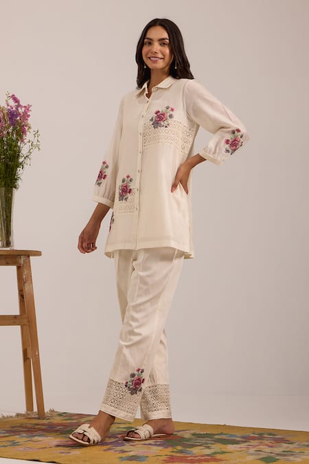 OMI Off White Floral Embroidered Pant Set 