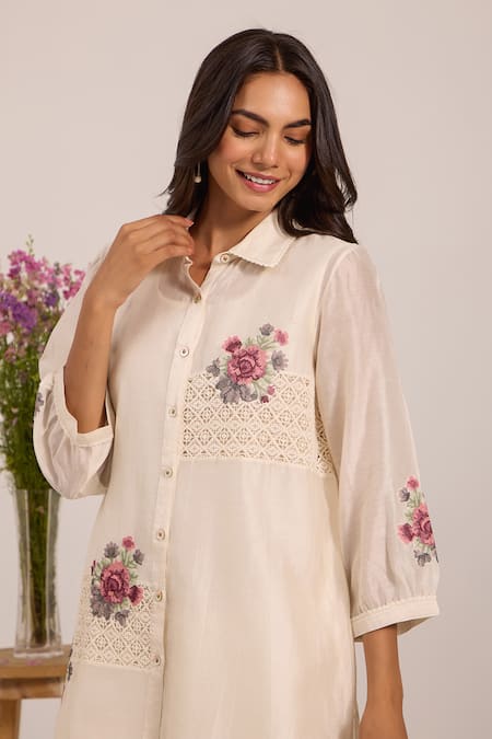 Shop_OMI_Off White Chanderi, Cotton Satin Embroidery, Lace Collared Floral Pant Set _Online_at_Aza_Fashions
