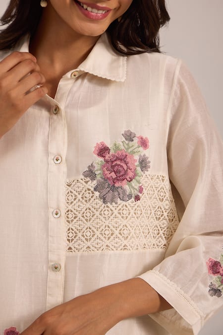 OMI_Off White Chanderi, Cotton Satin Embroidery, Lace Collared Floral Pant Set _at_Aza_Fashions