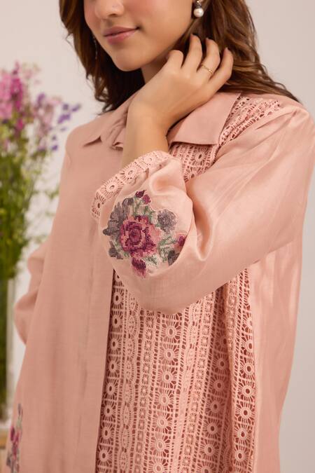 OMI_Pink Chanderi, Cotton Satin Embroidery, Lace Collared Pant Set _Online_at_Aza_Fashions