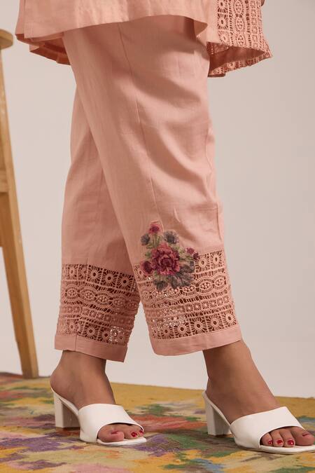 Buy_OMI_Pink Chanderi, Cotton Satin Embroidery, Lace Collared Pant Set _Online_at_Aza_Fashions