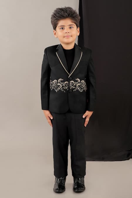 LITTLE BRATS Black Viscose Designer Horse Pattern Boys Suit 