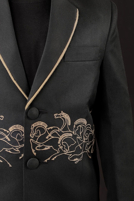 Shop_Little Brats_Black Viscose Designer Horse Pattern Boys Suit _Online_at_Aza_Fashions