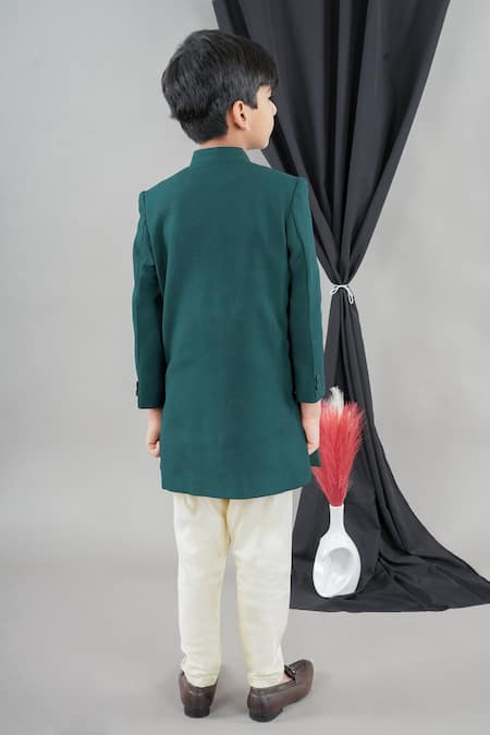 Shop Little Brats Green Cotton, Silk Embroidery, Sequins Designer Boys Bottle Sherwani Set at Aza Fashions Shop_Little Brats_Green Cotton, Silk Embroidery, Sequins Designer Boys Bottle Sherwani Set _at_Aza_Fashions