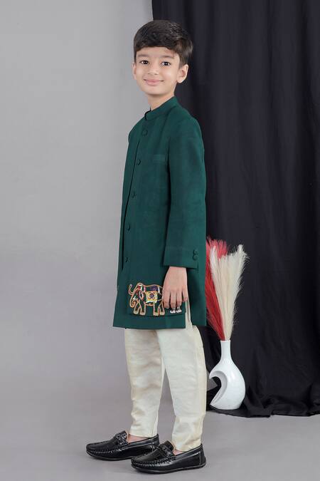 Little Brats Green Cotton, Silk Embroidery, Sequins Designer Boys Bottle Sherwani Set Online at Aza Fashions Little Brats_Green Cotton, Silk Embroidery, Sequins Designer Boys Bottle Sherwani Set _Online_at_Aza_Fashions