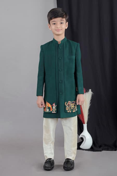LITTLE BRATS Green Cotton, Silk Embroidery, Sequins Designer Boys Bottle Sherwani Set 