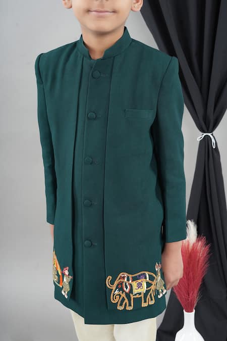 Shop Little Brats Green Cotton, Silk Embroidery, Sequins Designer Boys Bottle Sherwani Set Online at Aza Fashions Shop_Little Brats_Green Cotton, Silk Embroidery, Sequins Designer Boys Bottle Sherwani Set _Online_at_Aza_Fashions