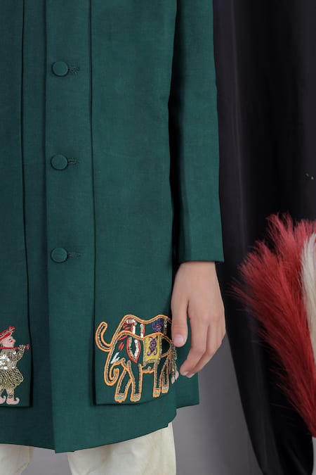 Little Brats Green Cotton, Silk Embroidery, Sequins Designer Boys Bottle Sherwani Set at Aza Fashions Little Brats_Green Cotton, Silk Embroidery, Sequins Designer Boys Bottle Sherwani Set _at_Aza_Fashions