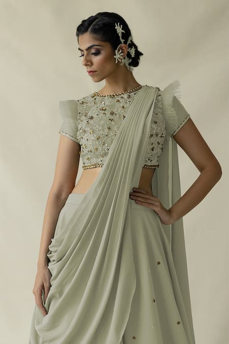 Merge Design Green Net, Georgette Embroidery Round Neck Sage Lehenga Set Online at Aza Fashions Merge Design_Green Net, Georgette Embroidery Round Neck Sage Lehenga Set _Online_at_Aza_Fashions