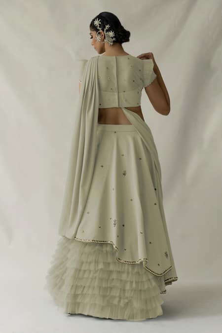 Shop Merge Design Green Net, Georgette Embroidery Round Neck Sage Lehenga Set at Aza Fashions Shop_Merge Design_Green Net, Georgette Embroidery Round Neck Sage Lehenga Set _at_Aza_Fashions