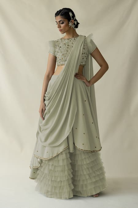 Merge Design Green Net, Georgette Embroidery Round Neck Sage Lehenga Set 