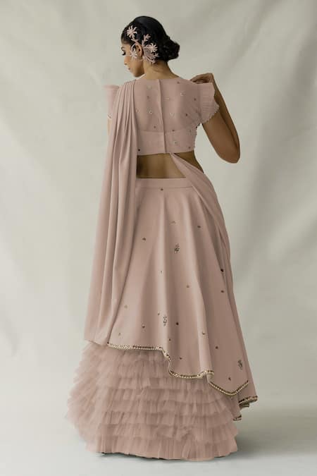 Shop Merge Design Pink Net, Organza, Georgette Embroidery Round Neck Pale Fusion Lehenga Set at Aza Fashions Shop_Merge Design_Pink Net, Organza, Georgette Embroidery Round Neck Pale Fusion Lehenga Set _at_Aza_Fashions