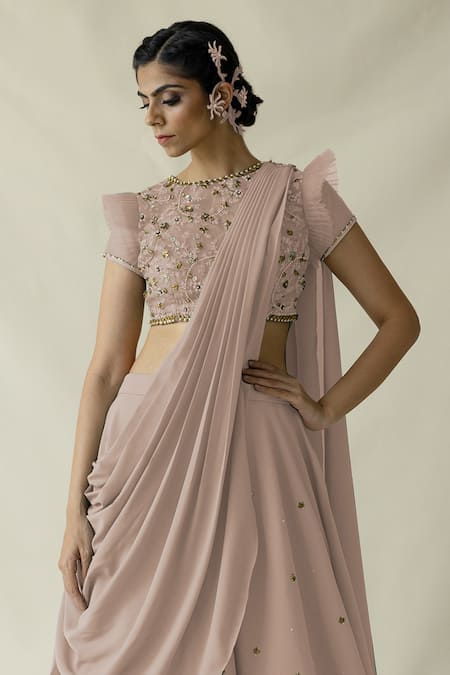 Merge Design Pink Net, Organza, Georgette Embroidery Round Neck Pale Fusion Lehenga Set Online at Aza Fashions Merge Design_Pink Net, Organza, Georgette Embroidery Round Neck Pale Fusion Lehenga Set _Online_at_Aza_Fashions