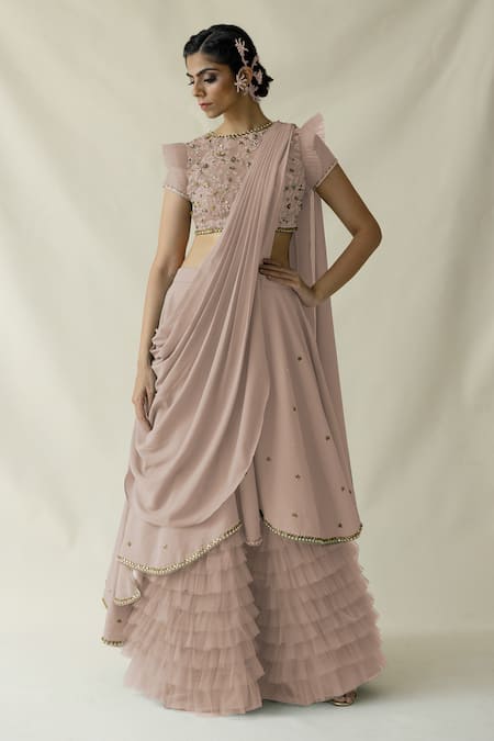 Merge Design Pink Net, Organza, Georgette Embroidery Round Neck Pale Fusion Lehenga Set 