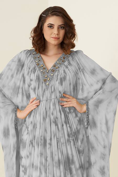 Merge Design_Gray Georgette Sequins, Stones V-neck Grey Kaftaan With Embroidery _Online_at_Aza_Fashions