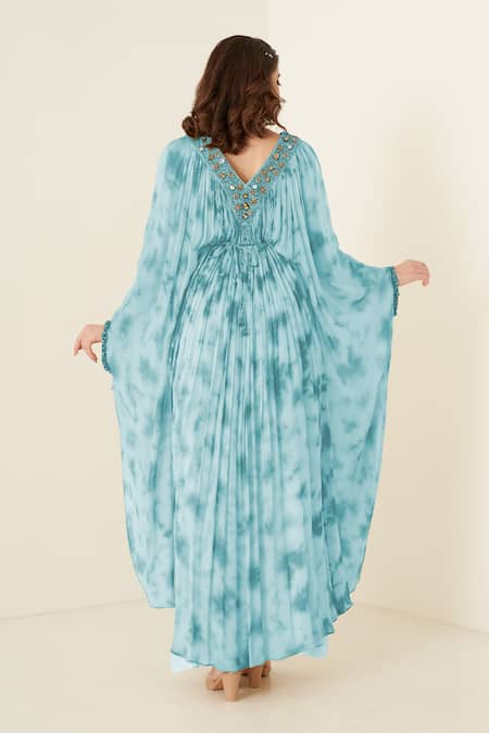 Shop Merge Design Blue Georgette Sequins, Stones V-neck Kaftan Set at Aza Fashions Shop_Merge Design_Blue Georgette Sequins, Stones V-neck Kaftan Set _at_Aza_Fashions