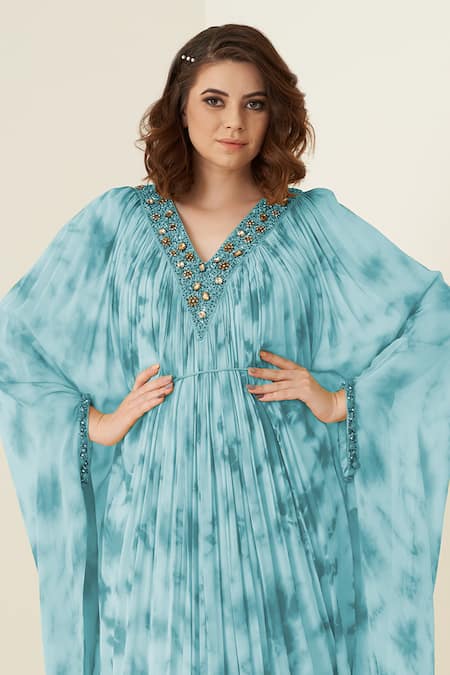 Merge Design Blue Georgette Sequins, Stones V-neck Kaftan Set Online at Aza Fashions Merge Design_Blue Georgette Sequins, Stones V-neck Kaftan Set _Online_at_Aza_Fashions