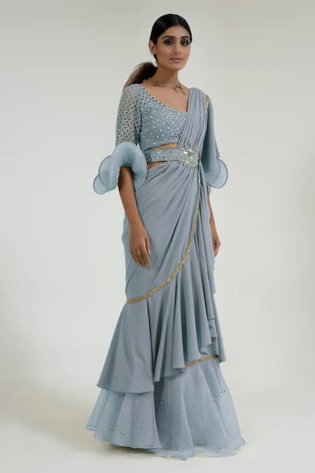 Merge Design Blue Net, Crepe, Georgette Mirrors Round Neck Powder Work Pre-draped Saree 
