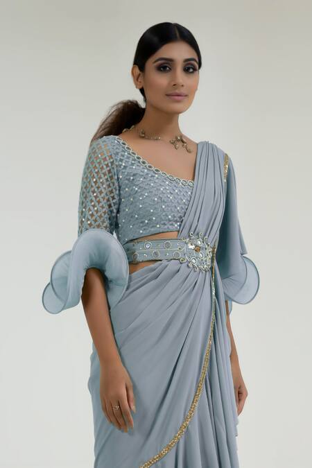 Merge Design_Blue Net, Crepe, Georgette Mirrors Round Neck Powder Work Pre-draped Saree _Online_at_Aza_Fashions