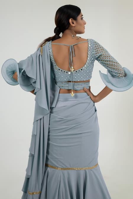 Merge Design Powder Blue Mirror Work Pre-Draped Saree 