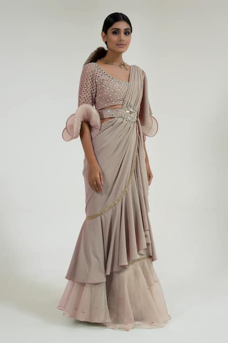 Merge Design Pale Pink Mirror Work Pre-Draped Saree Set 
