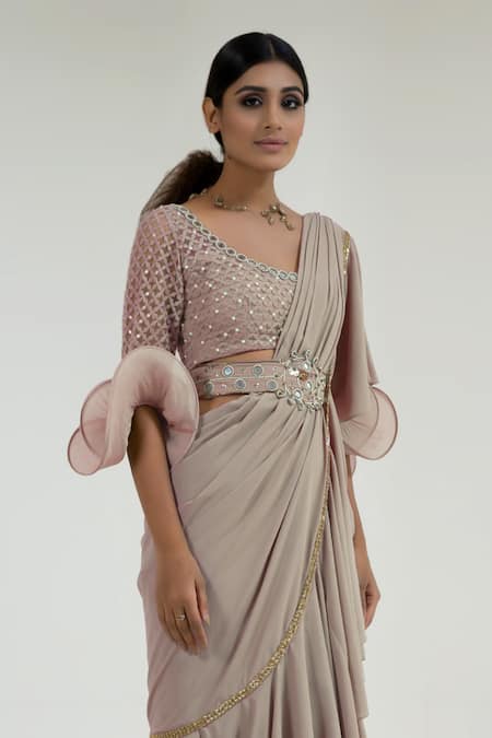 Merge Design Pink Net, Georgette Mirrors Round Neck Pale Work Pre-draped Saree Online at Aza Fashions Merge Design_Pink Net, Georgette Mirrors Round Neck Pale Work Pre-draped Saree _Online_at_Aza_Fashions