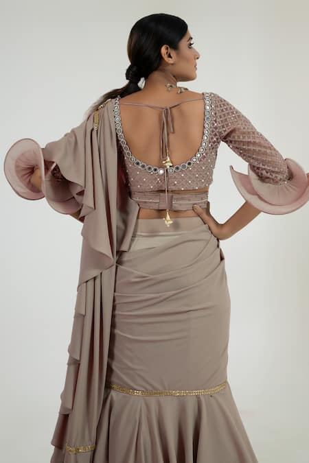 Shop Merge Design Pink Net, Georgette Mirrors Round Neck Pale Work Pre-draped Saree at Aza Fashions Shop_Merge Design_Pink Net, Georgette Mirrors Round Neck Pale Work Pre-draped Saree _at_Aza_Fashions