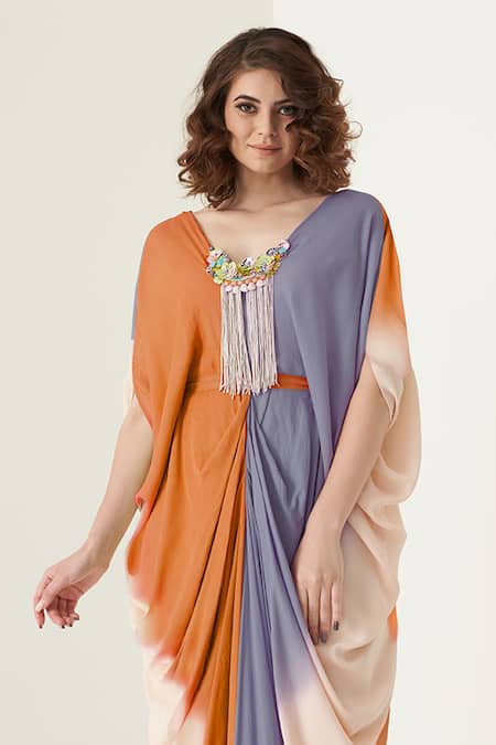 Merge Design Multi Color Modal, Satin Embroidery, Fringe, Stones Multicolor Kaftaan Set Online at Aza Fashions Merge Design_Multi Color Modal, Satin Embroidery, Fringe, Stones Multicolor Kaftaan Set _Online_at_Aza_Fashions