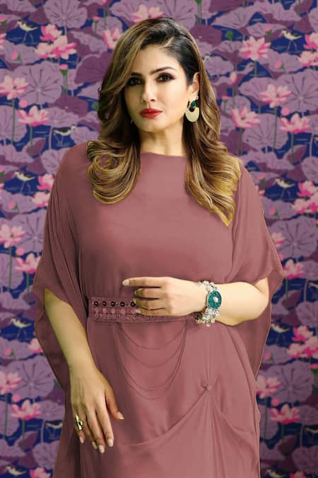 Shop_Merge Design_Wine Georgette Embroidery Round Neck Kaftaan Set _at_Aza_Fashions