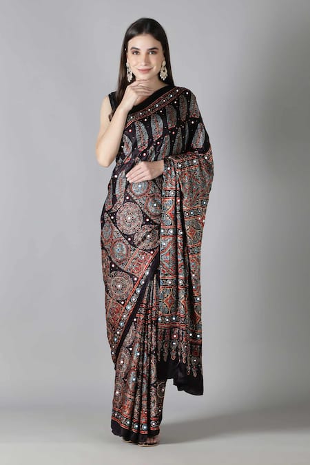 Sheeshakari Black Silk Sequins, Embroidery Printed Saree With Blouse 