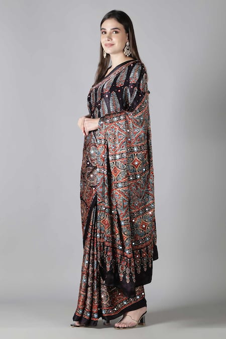 Buy_Sheeshakari_Black Silk Sequins, Embroidery Printed Saree _Online_at_Aza_Fashions