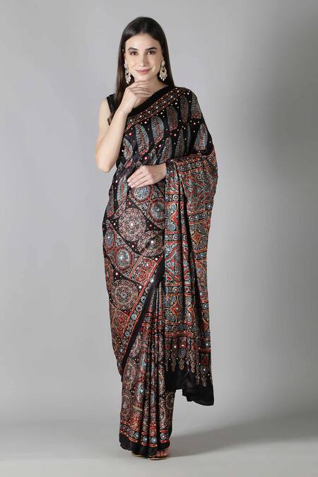 Shop Sheeshakari Black Silk Sequins, Embroidery Printed Saree Online at Aza Fashions Shop_Sheeshakari_Black Silk Sequins, Embroidery Printed Saree _Online_at_Aza_Fashions