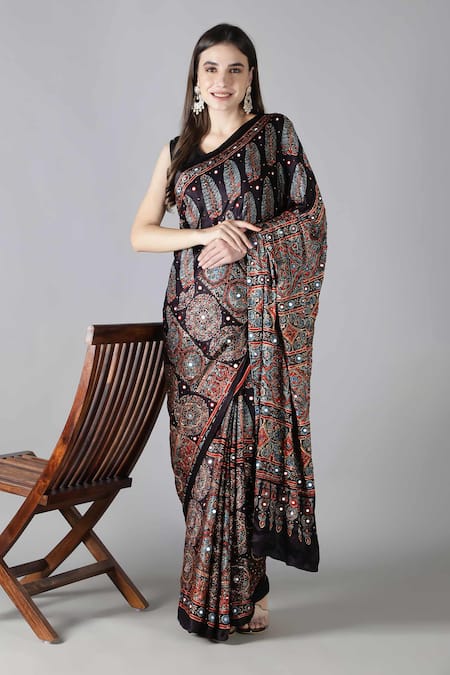 Sheeshakari_Black Silk Sequins, Embroidery Printed Saree _at_Aza_Fashions