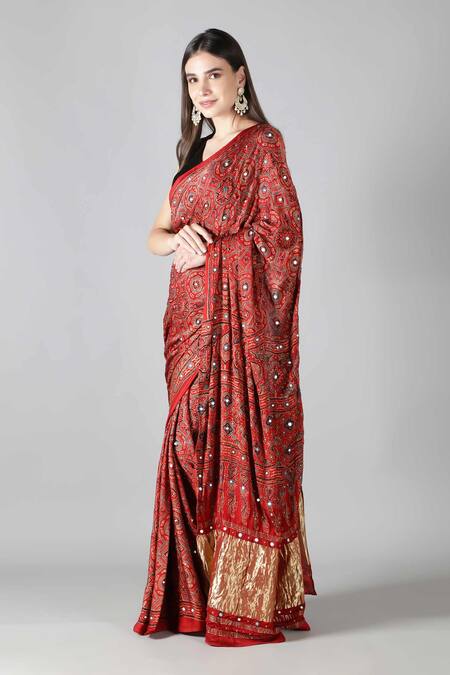 Sheeshakari_Red Silk Sequins, Embroidery Designer Printed Saree _Online_at_Aza_Fashions