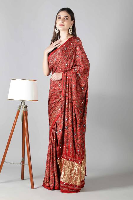 Buy_Sheeshakari_Red Silk Sequins, Embroidery Designer Printed Saree _Online_at_Aza_Fashions