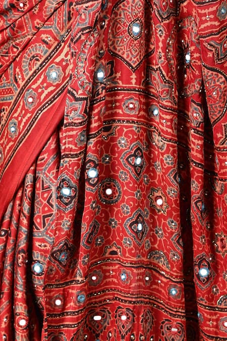 Sheeshakari_Red Silk Sequins, Embroidery Designer Printed Saree _at_Aza_Fashions