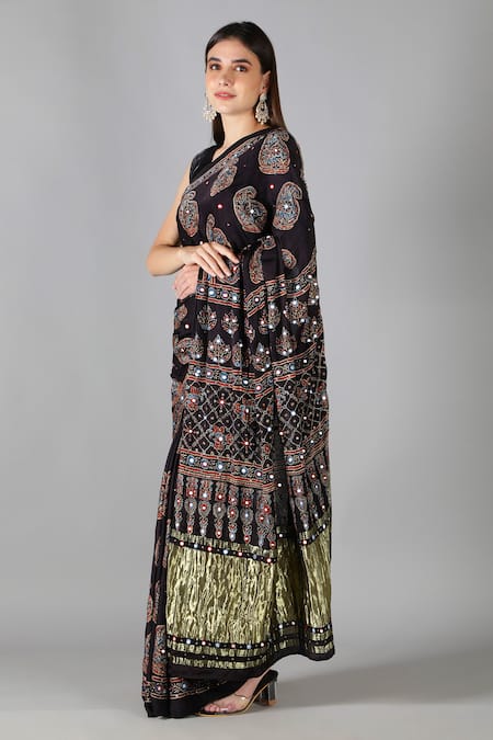 Buy_Sheeshakari_Black Silk Embroidery Printed Saree With Blouse _Online_at_Aza_Fashions