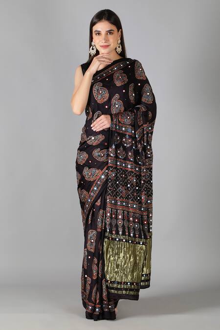 Shop_Sheeshakari_Black Silk Embroidery Printed Saree With Blouse _Online_at_Aza_Fashions