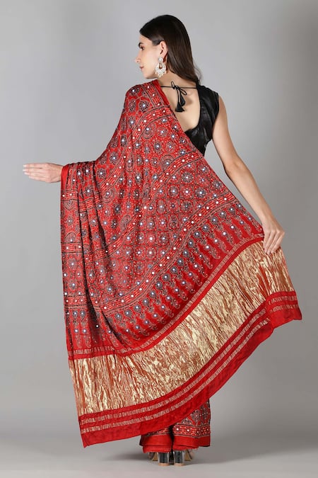 Shop_Sheeshakari_Red Silk Sequins, Embroidery Printed Designer Saree _at_Aza_Fashions