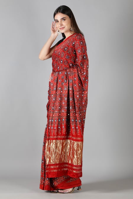 Buy_Sheeshakari_Red Silk Sequins, Embroidery Printed Designer Saree _Online_at_Aza_Fashions