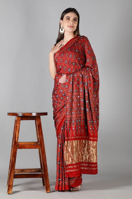 Sheeshakari_Red Silk Sequins, Embroidery Printed Designer Saree _at_Aza_Fashions